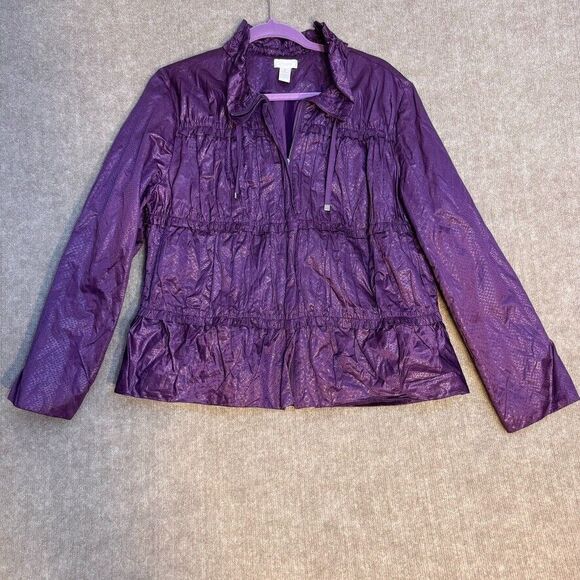 Chico's Sz 2‎ Purple Ruffled Short Rain Jacket - Picture 1 of 8